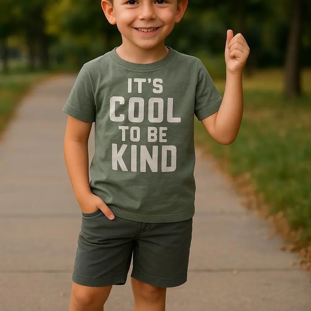 The Children's Place Boys Shirt 5T It's Cool to be Kind Olive Sage‎ Green Tee